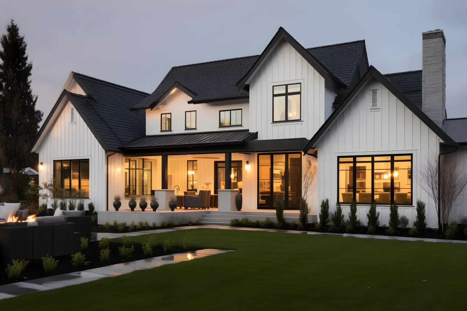 White modern farmhouse exterior with black windows and roof, illuminated at dusk, built by Dorsey Builders in Dothan, AL.