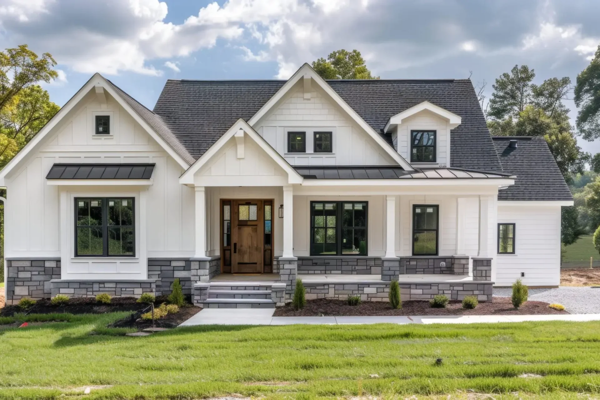 Cozy Cottage with Minimalist Charm and White Siding Front Porch