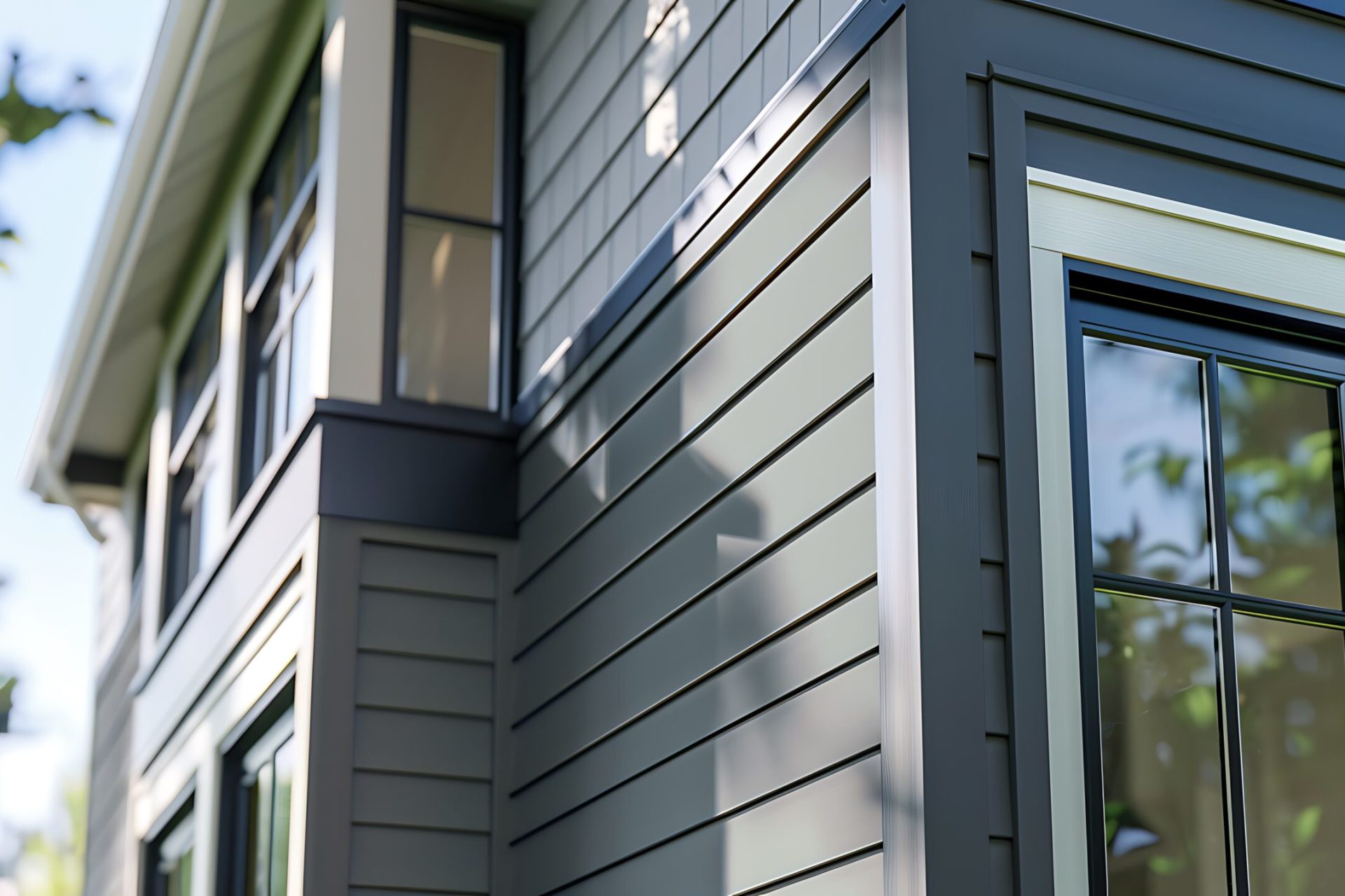Close-up view of modern fiber cement siding and black-framed windows on a custom-built home by Dorsey Builders in Dothan, AL.